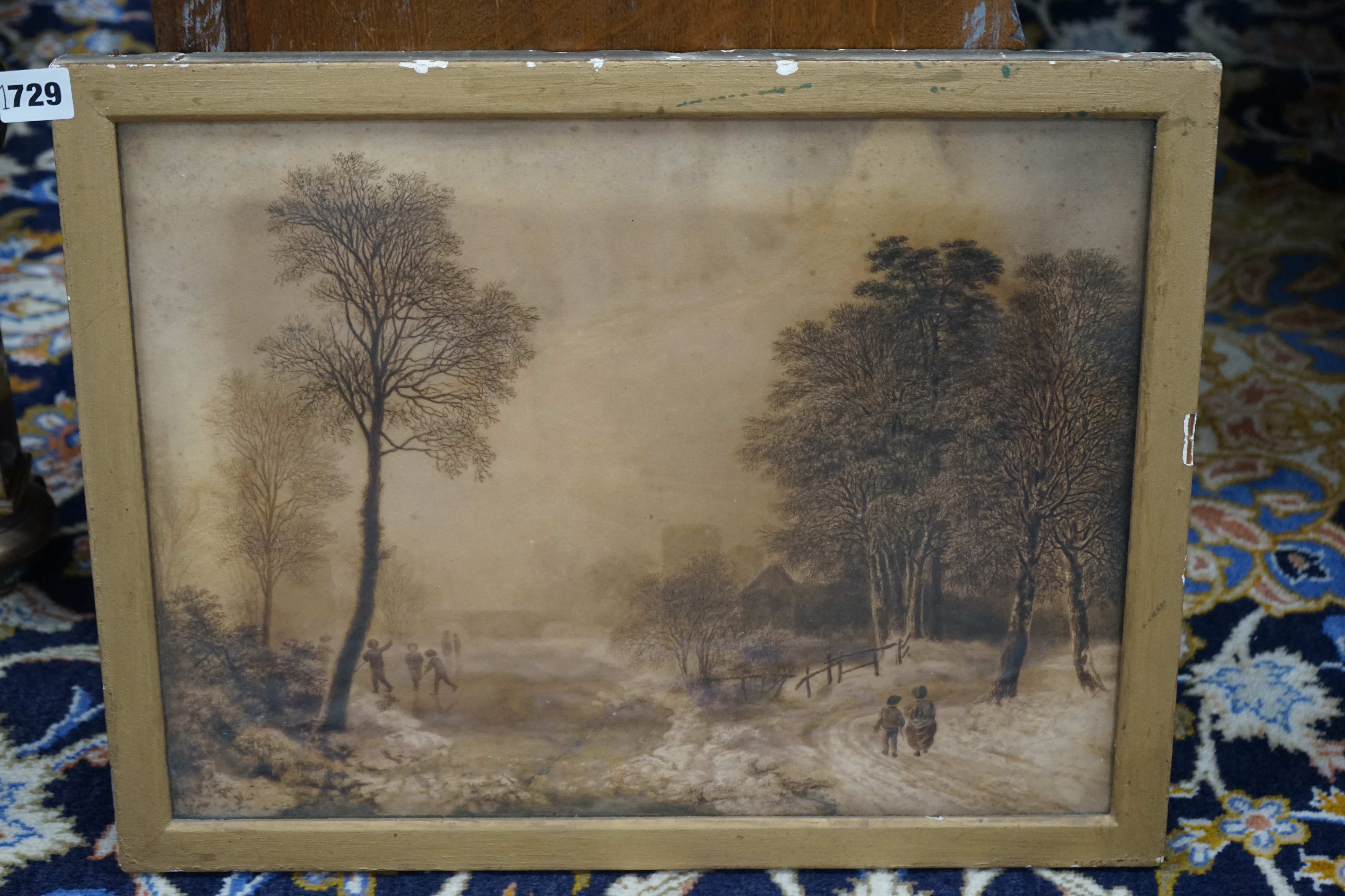 Attributed to Joshua Wallis (1789-1862), ink and wash, Winter scene with figures skating, inscribed Victoria and Albert Museum 464 FA verso, 33 x 44cm. Condition - poor to fair, discolouration